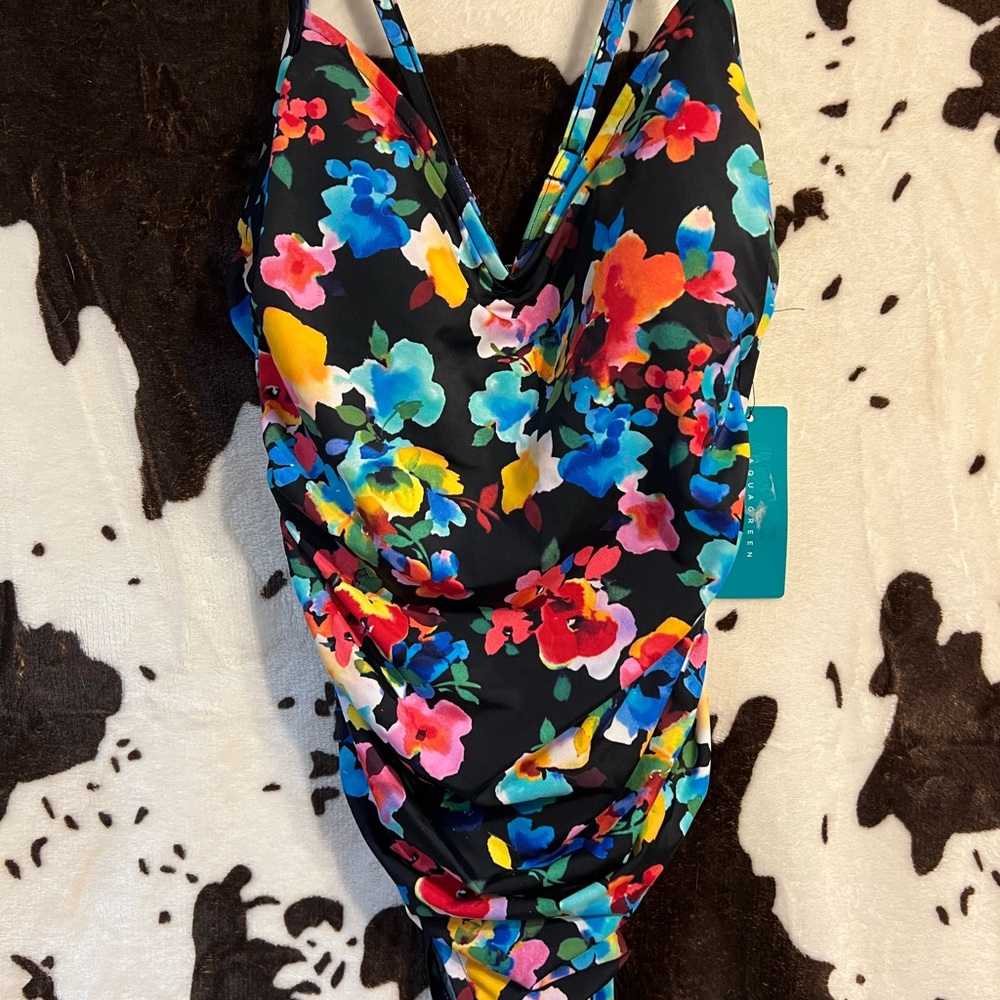 Aqua Green Black and Blue One Piece Swimsuit with Ruched V-Neckline